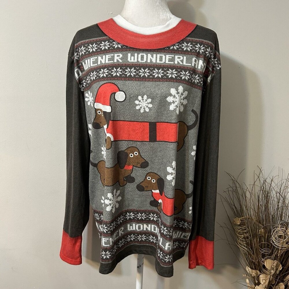 Faux Real Unisex Weiner Wonderland Christmas Dog Holiday Fair Isle T-shirt Sz L